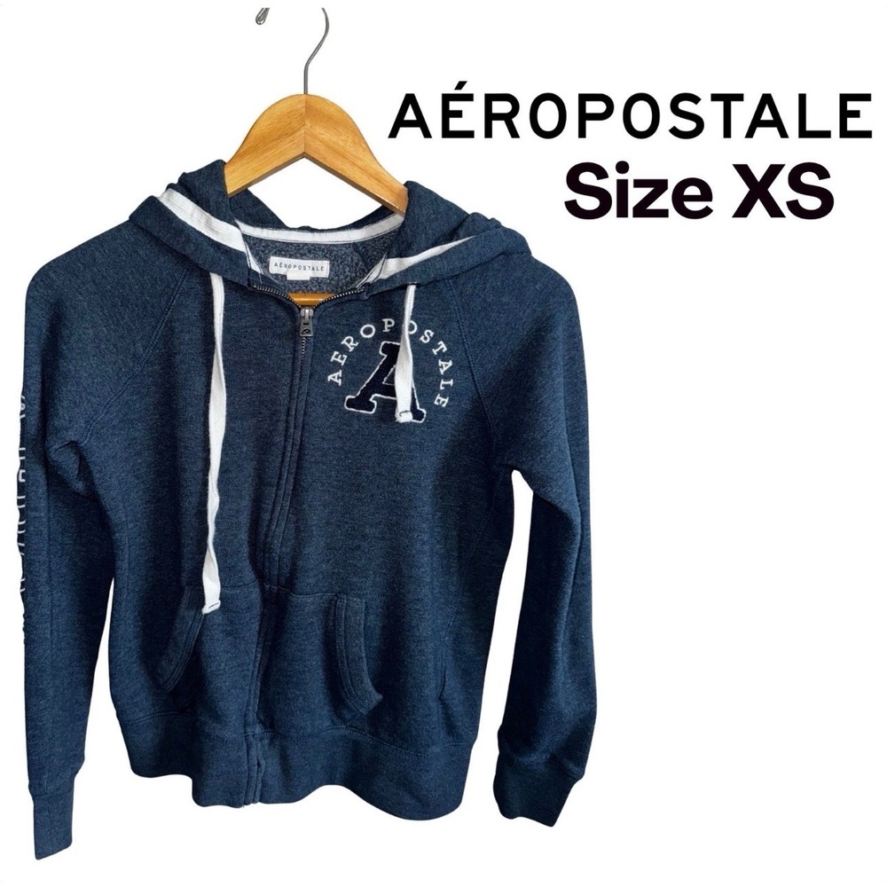 Aeropostale Full Zip Hoodie Sleeve Logo Navy Blue Y2K Zip Up Sweatshirt Women XS